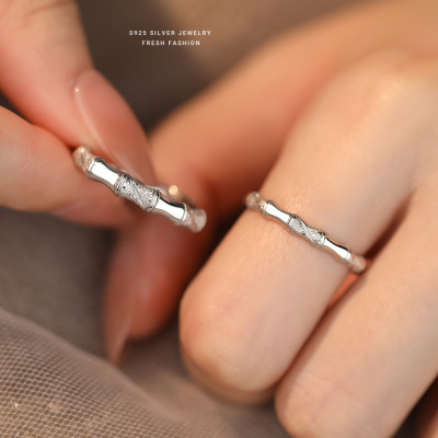 s925纯银竹节戒指女小清新时尚潮流小众设计感开口可调节情侣对戒送女朋友老婆情人节七夕生日礼物