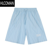 HLCOMAN日系复古蓝色条纹短裤男女生夏季抽绳沙滩宽松阔腿休闲百搭五分裤