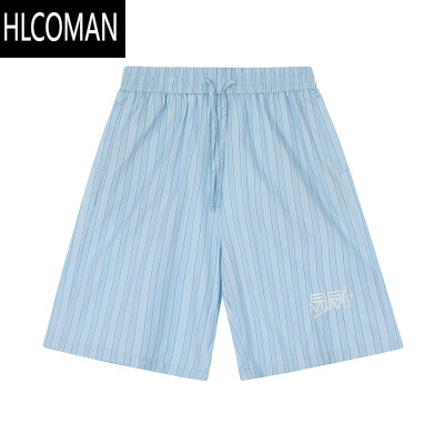 HLCOMAN日系复古蓝色条纹短裤男女生夏季抽绳沙滩宽松阔腿休闲百搭五分裤