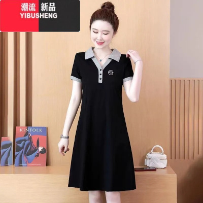 YIBUSHENGpolo领休闲运动连衣裙2024装新款大码遮肚减龄气质中长款a字裙