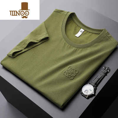 YANXU欧货丝光棉短袖t恤男士修身时尚高端刺绣圆领长袖打底衫男潮