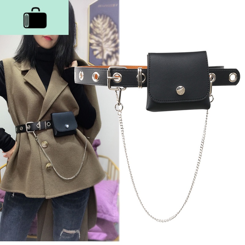韩国蹦迪凹造型时髦链条带腰包镂空腰带男女通用INS风学生裤腰带NEW LAKE女士单肩包