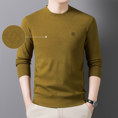 新款秋冬季中青年男士纯色提花针织衫上衣时尚休闲打底衫