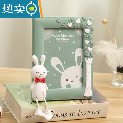 敬平7寸创意可爱相框摆台照片摆件儿童房桌面相架卡通老鼠家居装饰品 害羞兔 竖 墨绿 7寸+洗相片