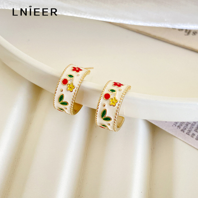 滴釉花朵耳钉女夏季茶系C形圆圈耳饰2025新款925银针耳环珐琅耳圈送女朋友老婆情人节七夕生日礼物