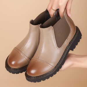 切尔西靴女压花牛皮一脚蹬复古短靴女秋冬款厚底英伦风马丁靴