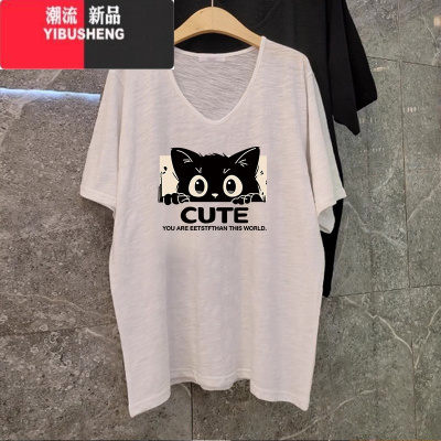 YIBUSHENG港味复古chic短袖女季V领大码竹节棉T恤宽松慵懒风潮牌ins上衣