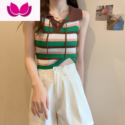 七斓Polo领条纹吊带背心女夏设计感短款外穿t恤无袖坎肩辣妹削肩上衣