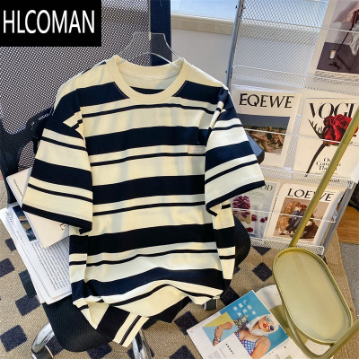HLCOMAN夏季条纹短袖t恤男港风ins复古宽松百搭情侣学生五分袖圆领体恤衫