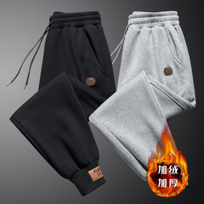 加绒卫裤秋冬季新款男士贴标拼接加厚保暖束脚运动休闲裤
