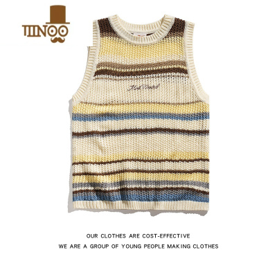 YANXU镂空针织背心男夏季潮流拼色无袖T恤日系宽松ins百搭情侣坎肩上衣