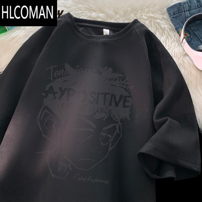 HLCOMAN港风绒涂鸦人物短袖t恤男生夏季宽松休闲高街百搭圆领半截袖