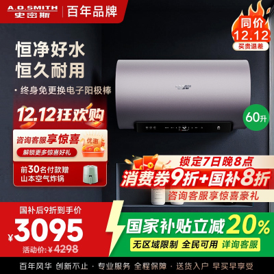 AO史密斯60升电热水器 国家补贴 金圭内胆 双棒分离速热 免换镁棒 免清洗短款 E60ED8-B