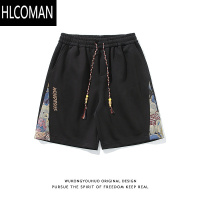 HLCOMAN夏季小熊提花拼接抽绳运动五分裤男复古潮牌宽松情侣短裤