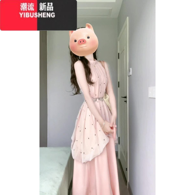 YIBUSHENG小个子法式度假风挂脖连衣裙女季气质网纱波点高级感无袖长裙子