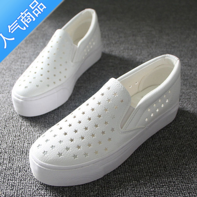 SUNTEK夏季镂空帆布鞋厚底女鞋平底一脚蹬懒人鞋透气乐福鞋皮面休闲板鞋