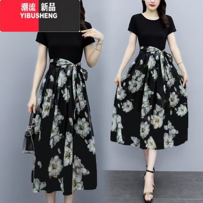 YIBUSHENG2024季新款中年妈妈装气质中长款收腰短袖印花冰丝假两件连衣裙