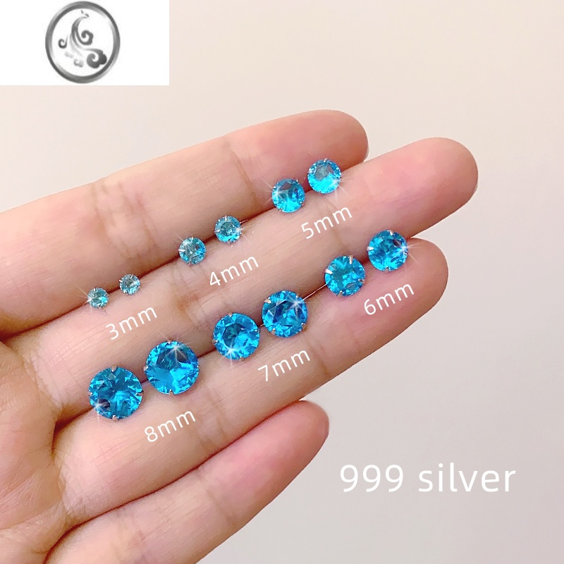 JiMi银耳钉999银银一粒钻石蓝钻简约小巧男女闪钻防过敏耳骨钉耳饰品