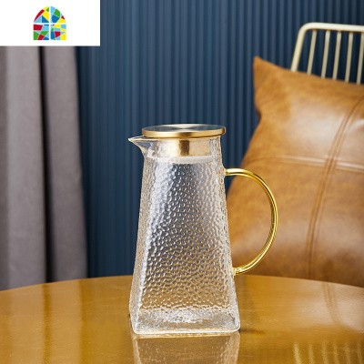 封后北欧冷水壶凉白开水壶玻璃家用客厅可高温凉水壶水杯套装喝水杯子 FENG 金锤纹[一壶6杯6勺]+金欧杯架+莫兰迪大号