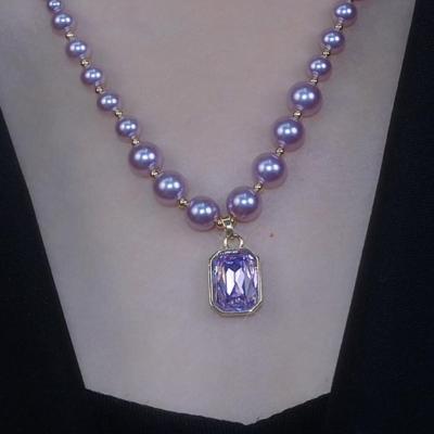 时尚方形紫色水晶珠珠项链网红锁骨链女小众设计高级感毛衣链送女朋友老婆情人节七夕生日礼物