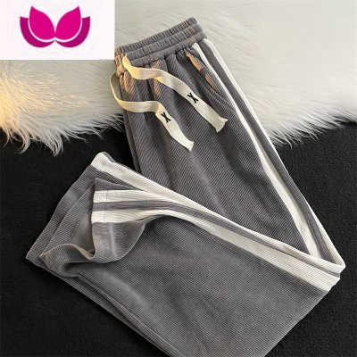 七斓侧边条纹撞色灯芯绒休闲裤男百搭宽松直筒九分运动阔腿裤子