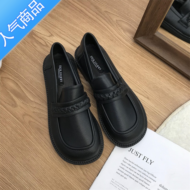 SUNTEK一脚蹬懒人软皮乐福鞋女2023年秋季新款设计感小众编织低跟小皮鞋