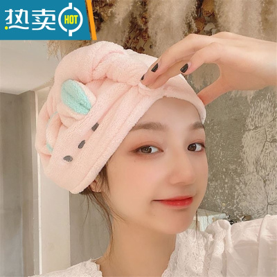 敬平干发帽2021新款网红女童头巾女包头吸水韩国兔耳朵可爱熊擦头加厚 粉色小兔干发帽加厚