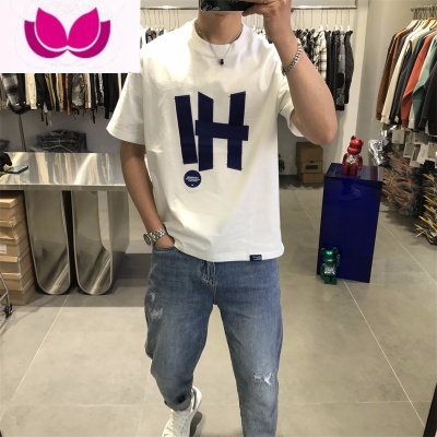七斓夏季男士短袖T恤潮牌宽松休闲字母刺绣上衣美式嘻哈撞色半袖t