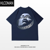 HLCOMAN夏季街头风百搭痞帅藏青色上衣高级感面具字母印花短袖T恤男