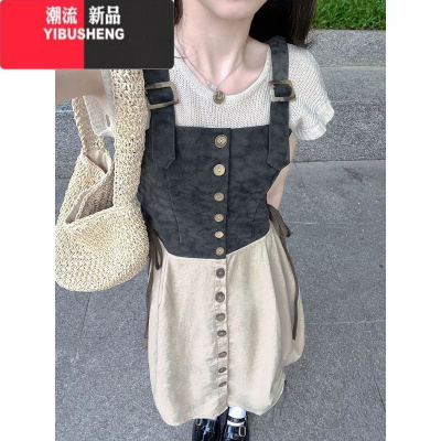 YIBUSHENG冷淡系连衣裙背带裙复古拼接别致抽绳显瘦初恋裙子套装裙两件套