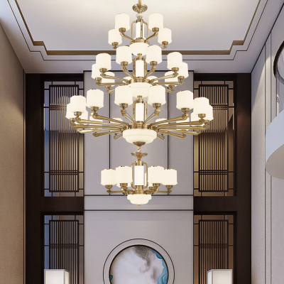 克罗斯塔 新中式别墅大吊灯复式楼客厅中空跃层中国风锌合金防尘灯罩大吊灯