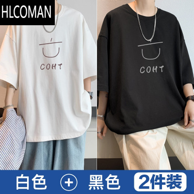 HLCOMAN港风ins印花短袖T恤男士夏季大码圆领半袖白色休闲宽松体恤衫
