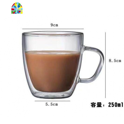 双层玻璃杯透明创意水杯 耐热带把咖啡杯家用牛奶杯挂耳咖啡杯 FENGHOU