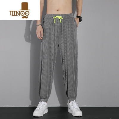 YANXU裤子男冰丝夏季薄款休闲长裤宽松垂感卫裤潮牌透气九分束脚运动裤