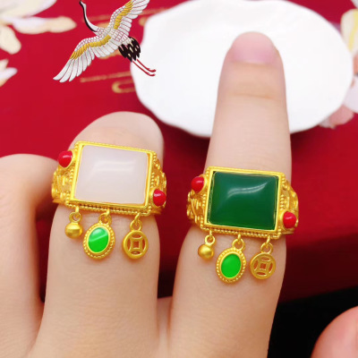 2020新款仿金戒指女镀金越南沙金活口宝石绿色指环假黄金久不掉色送女朋友老婆情人节七夕生日礼物