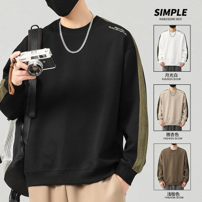 拼接撞色卫衣男春秋款潮流圆领长袖上衣高级感休闲穿搭刺绣针织衫