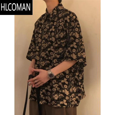 HLCOMAN古着vintage古巴领碎花衬衫男女宽松港味设计感情侣沙滩短袖衬衣
