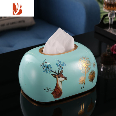 三维工匠欧式抽纸盒办公室茶几摆件高级感陶瓷纸巾盒客厅轻奢纸抽盒 蓝色椭圆款(送底板)