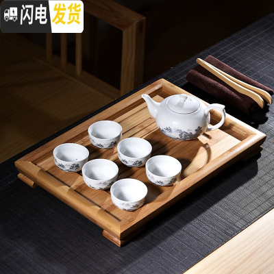 三维工匠紫砂陶瓷功夫茶具套装家用茶杯简约办公实木小茶盘单层式茶台整套 10件白瓷山水壶小平板套装 10件