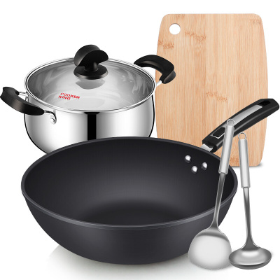 [新品]炊大皇 炒锅 锅具套装 平底锅 无涂层铁锅 304不锈钢汤锅 砧板菜板 锅铲汤勺 燃气煤气灶电磁炉通用