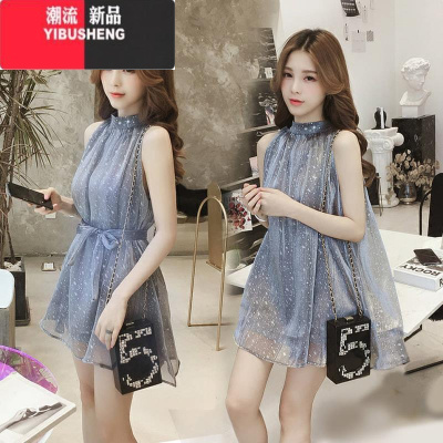 YIBUSHENG2024装新款韩范挂脖无袖系带亮闪闪宽松连衣裙女仙气质a字裙