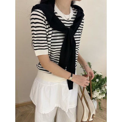 条纹针织小披肩女外搭白色短袖T恤25新款时尚套装针织衫春款上衣