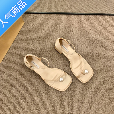SUNTEK罗马凉鞋子女款夏季新款网红法式珍珠夹趾仙女风女士平底时装凉鞋