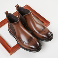 男士真皮切尔西靴英伦圆头布洛克花商务休闲皮鞋高帮马丁短靴子