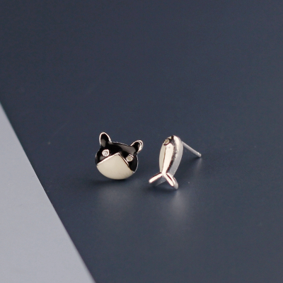 简约银饰时尚耳钉女个性耳环简约百搭防过敏925纯银耳饰滴釉猫鱼送女朋友老婆情人节七夕生日礼物