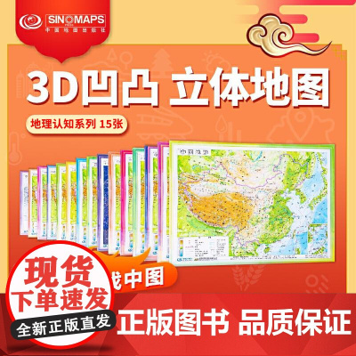 [3D地图系列]中国地形图 基础地图立体版 15张中学地理图 政区交通城市灯光气候水系高铁降水量专题图 地理立体认知系列