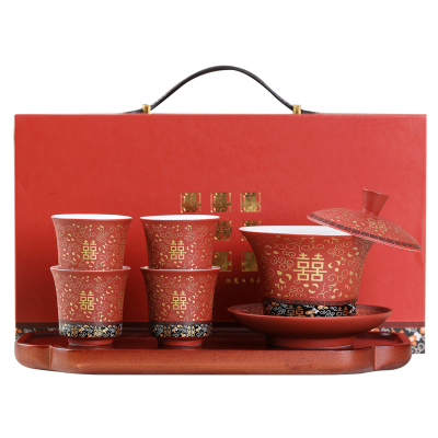 MULTIPOTENT整套功夫茶具套装陶瓷婚庆中国红万花双喜悬停盖碗婚宴喜庆茶具套组