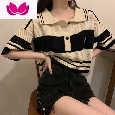 七斓针织polo衫T恤女夏新款设计感小众条纹正肩显瘦独特别致小衫上衣