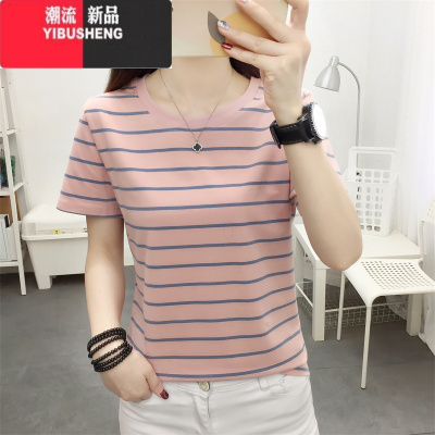 YIBUSHENG胖mm大码宽松显瘦短袖T恤女中年妈妈装条纹遮肚子上衣洋气