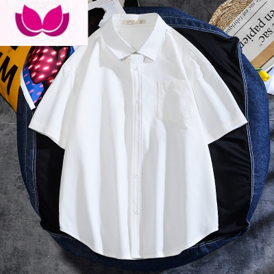 七斓白衬衫男韩版潮流痞帅短袖潮港风日系宽松休闲夏季工装黑衬衣dk